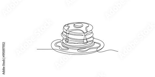 A minimalist line drawing depicts a stack of pancakes with syrup on a plate high quality professional detailed