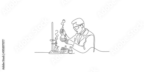 A single line drawing depicts a scientist conducting a chemistry experiment in a laboratory high quality professional detailed