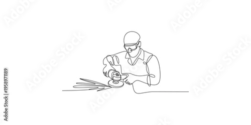 A continuous line drawing depicts a worker using a grinder on metal high quality professional detailed modern elegant