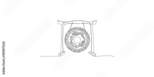 A minimalist line drawing depicts a traditional gong with ornate detailing and stand high quality professional detailed modern