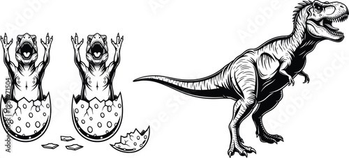 Cartoon Tyrannosaurus rex family illustration featuring baby dinosaurs hatching from eggs and adult T. rex, playful prehistoric scene perfect for children’s coloring pages and educational resources.