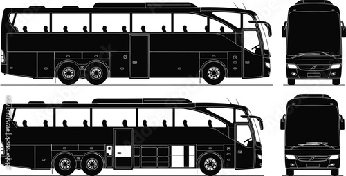 Detailed black silhouette illustrations of coach bus from multiple perspectives, side and front views, showing luggage compartments, exterior features, transportation artwork concept design