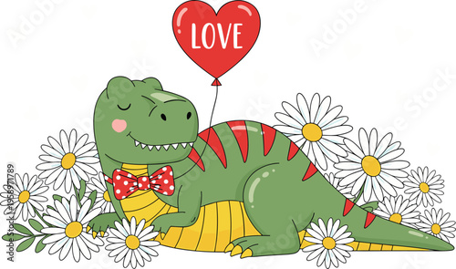 Cute cartoon green dinosaur with red stripes lying peacefully among daisies, wearing bow tie, heart balloon with LOVE text, whimsical romantic playful illustration for Valentine’s themes.