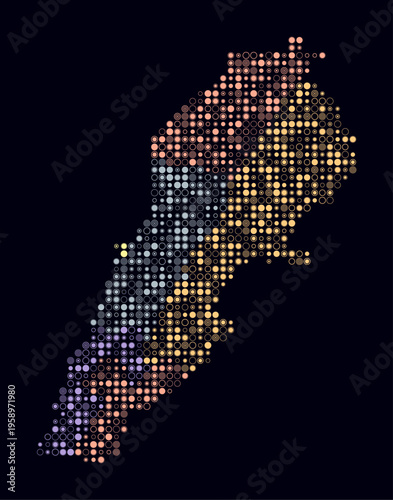 Lebanon, shape of the country build of colored cells. Digital style map of the Lebanon on dark background. Small size circle blocks. Beautiful vector illustration.
