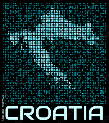 Croatia digital dotted map. Shape of the country in cyan color palette on dark background. Futuristic Croatia map design. Vector illustration.