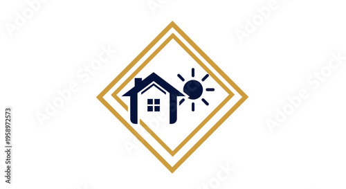 House And Sun Icon Inside a Golden Diamond Frame for Real Estate and Property Logo