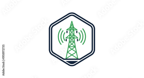 Green Power Transmission Tower Inside a Geometric Badge for Modern Communications Systems