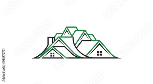 Green Roofed Building Logo Design: Modern Architectural Structure Illustration