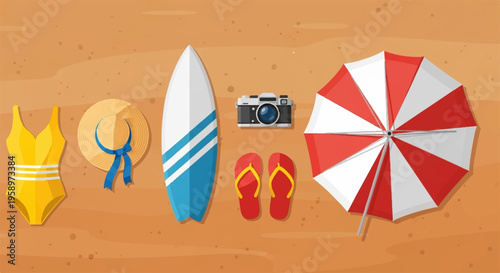 Beach, summer, icons, set, vector, illustration, sand, vacation, resort, swimsuit, surfboard, sunglasses, flip flops, umbrella, camera