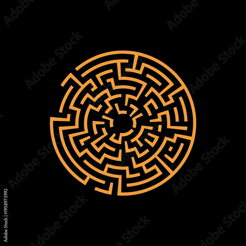 Intricate Circular Labyrinth Design on Black, Complex Pattern Symbolizing Challenges and Solutions