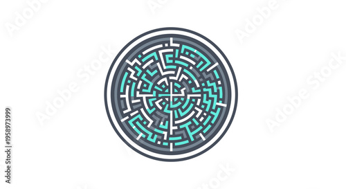 Intricate Circular Labyrinth Design With Teal Accents For Visual Puzzles