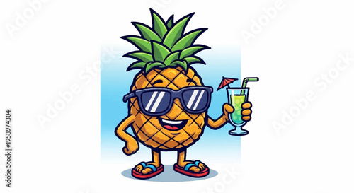 Fun pineapple cartoon character, tropical fruit illustration, summer vacation icon, colorful vector graphic