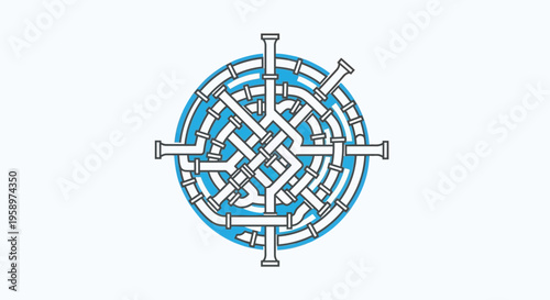 Intricate Plumbing System Abstractly Represented in Blue and White Circles