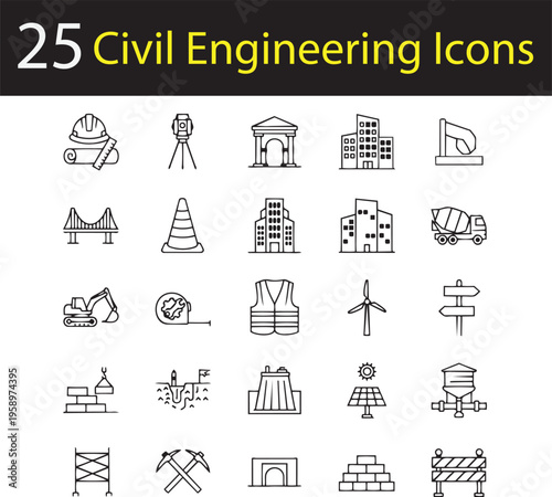 Civil Engineering Vector Icon Set – Construction, Architecture, Infrastructure and Building Line Icons