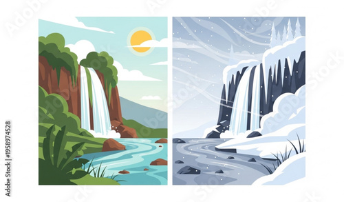 Minimalist Saar Waterfall in Golan Heights seasonal contrast summer vs winter vector illustration isolated on white