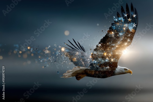 Stylized 3D double exposure of bald eagle silhouette with stars and stripes of American USA flag against golden sun and blue sky for patriotism.