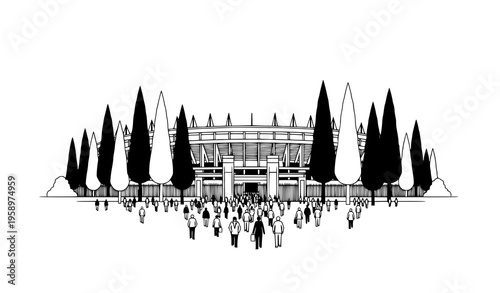 Stadium exterior with walking crowd and trees black and white vector illustration minimal outline design