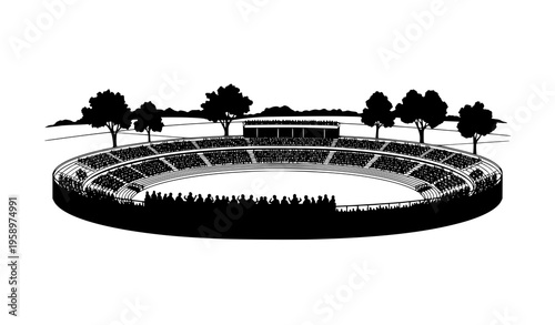Black and white stadium crowd vector with outdoor trees and gallery seating in minimal line art style