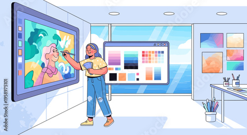 Artist creating digital art on a large screen.