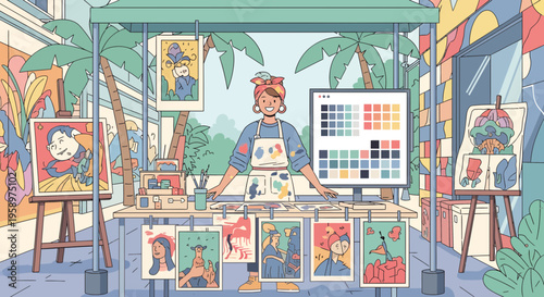 Artist displaying colorful artwork at outdoor market stall.