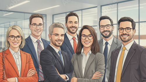 Diverse group of business professionals standing together in a modern office setting with a friendly atmosphere