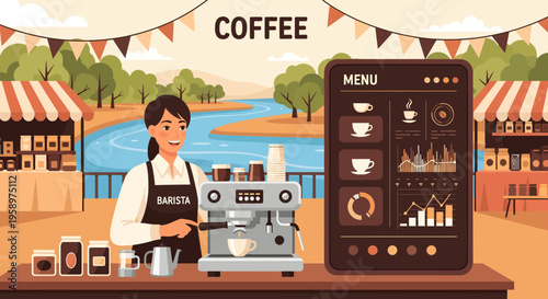 Barista preparing coffee at a bustling outdoor market stall.