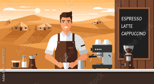 Barista Making Coffee At Counter With Espresso Machine.