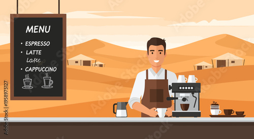 Barista preparing coffee at a desert cafe counter.
