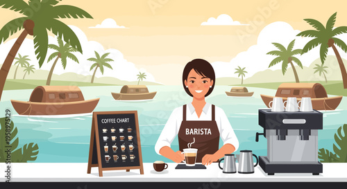 Barista preparing coffee at a tropical beachside cafe.