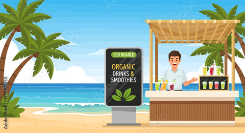 Beachside Organic Drinks and Smoothies Stand with Vendor.