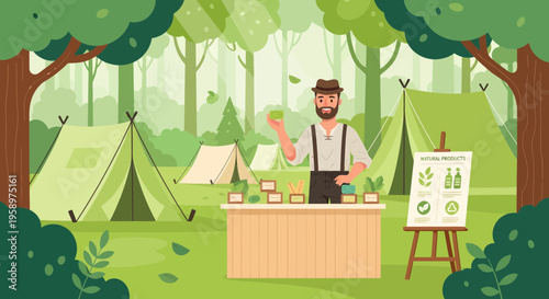 Bearded man selling fresh produce at a forest market stall.