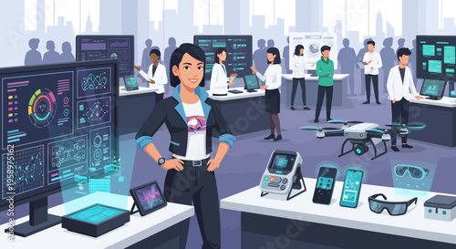 Confident woman in tech lab surrounded by advanced technology and devices.