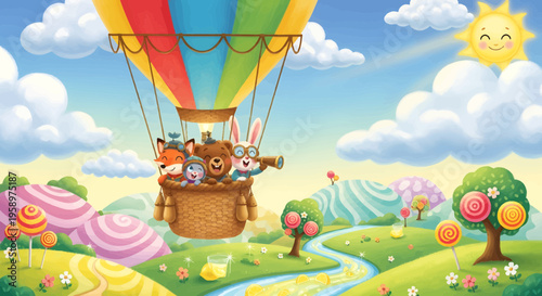Cute cartoon animals in a hot air balloon adventure.