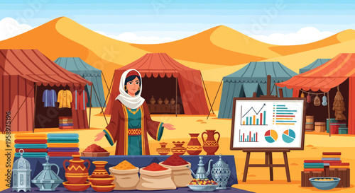Desert merchant woman selling spices and goods at market stall.