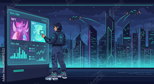 Man Interacting with Futuristic Digital Display in Neon City.