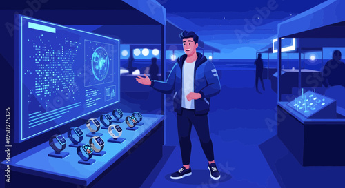 Man interacting with futuristic digital display in modern exhibition.