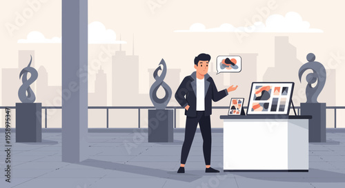 Man presenting artwork at an exhibition stand.