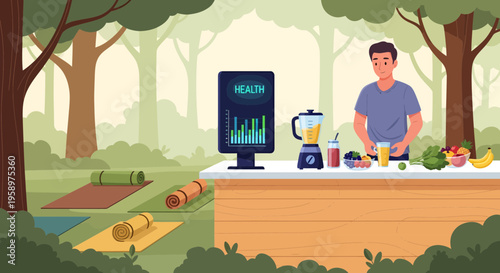 Man preparing healthy smoothie in outdoor nature setting.