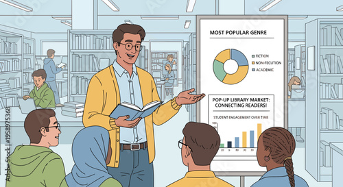 Man presenting data to a diverse group of students in a library setting.