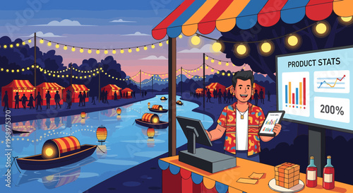 Man presenting product statistics at a vibrant market stall.