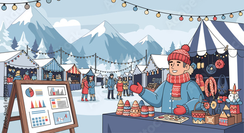 Man selling crafts at winter market stall.