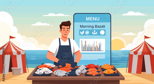 Man selling fresh seafood at a beachside market.