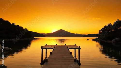 Wooden pier extending into calm lake at vibrant orange sunset, silhouette mountain and trees, peaceful reflection on water, serene evening landscape