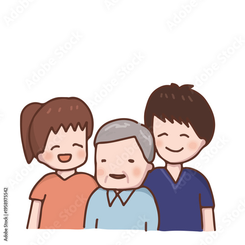 笑顔で集う、シニア男性とスクラブ姿の若い男女