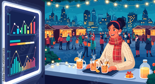 Woman enjoying hot drinks at a festive market stall.