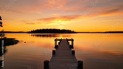 Wooden pier leading to a distant island on a calm lake during a vibrant golden sunset, atmospheric nature background