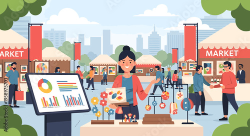 Woman selling handmade jewelry at outdoor market stall.