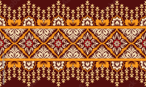 Elegant Vintage Floral Border Seamless Pattern in Red Gold Traditional Ornamental Design