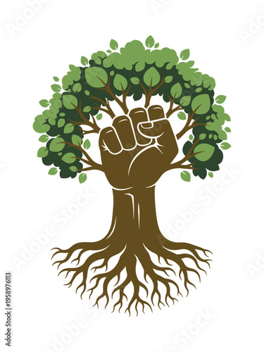 Protest fist tree vector icon with green leaves and roots symbol for activism
