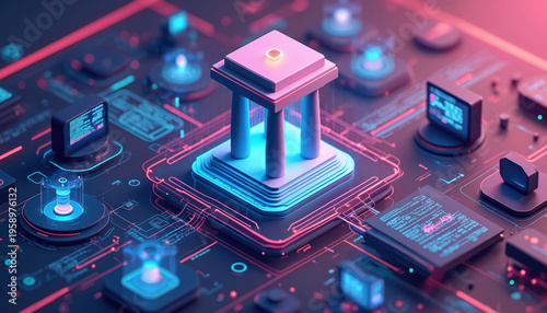 Abstract digital bank building with columns on glowing circuit board. Computers and data streams form tech elements. Future finance online services, fintech concept.